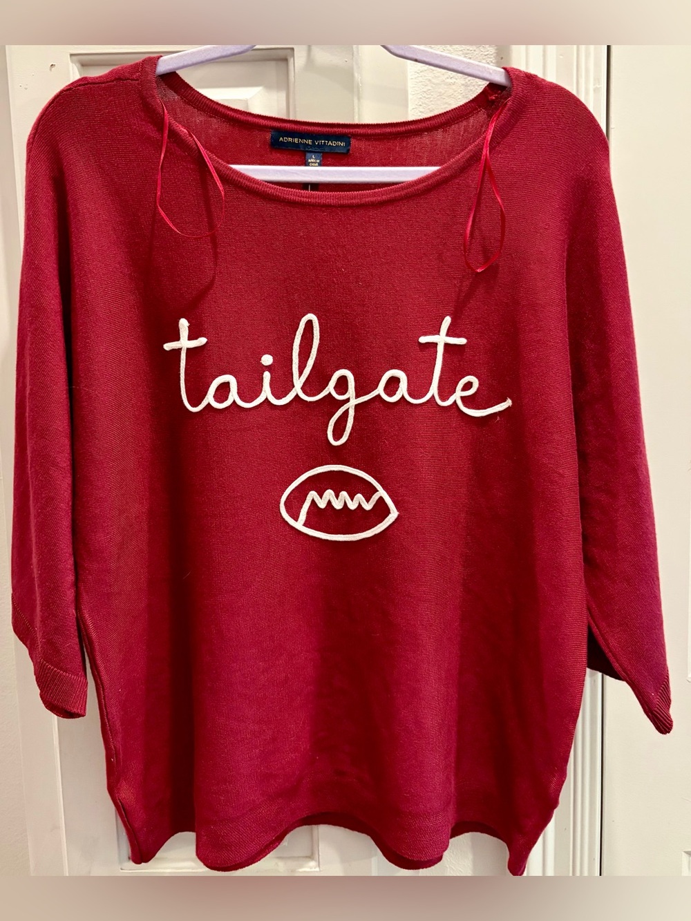 NWT ADRIENNE VITTADINI Red Scoop-Neck Knit Sweater w/embroidered ‘TAILGATE ‘ M